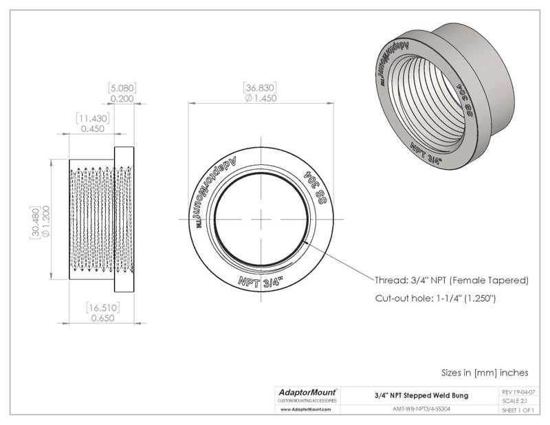 AdaptorMount 3/4" NPT Stainless Steel 304 Female Threaded Stepped Weld Bung Mounting Fitting (OD 1.2") with Top Head (OD 1.5") - Image 5